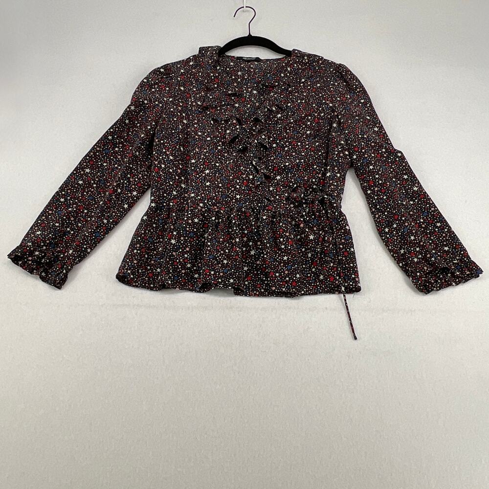 Madewell Black/Star Pattern Long Sleeve V-Neck Blouse w/ Ruffle Trim Women's M - Picture 2 of 10